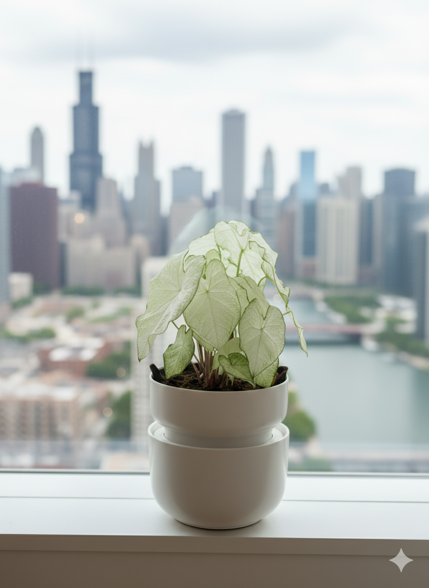 Potted plant on a windowsill with a city skyline in the background