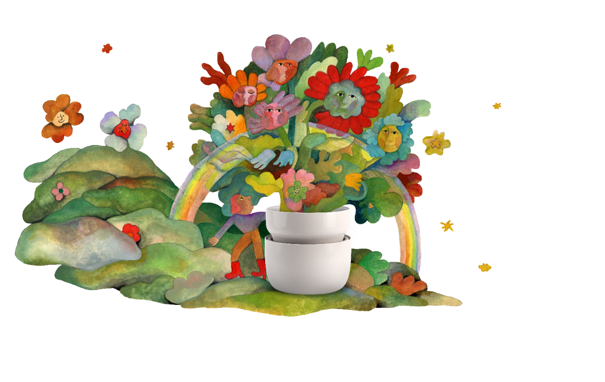 A verdant garden of smiling flowers around the Tendril planter