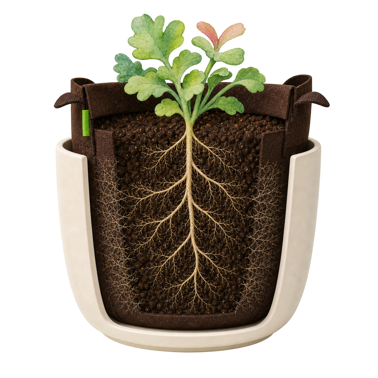 Plant roots growing freely in the Tendril fabric sleeve